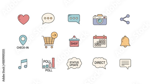 Vector set of colorful social media and user interface icons for digital communication.
