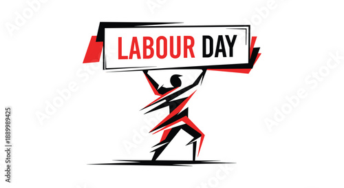 Labour day abstract vector illustration of strong worker lifting banner bold red black silhouette isolated on white background