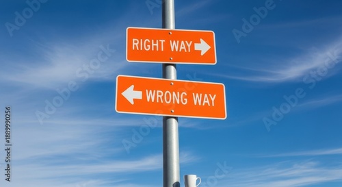Two bright orange directional signs showing the right way and the wrong way on a pole against a blue sky with clouds