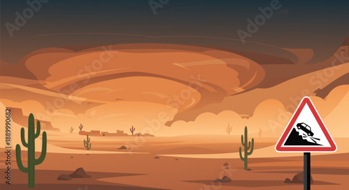 Desert landscape with a steep hill caution sign and cacti, a vibrant vector illustration
