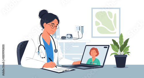 Doctor consulting patient on laptop screen, healthcare vector illustration in doctor's office