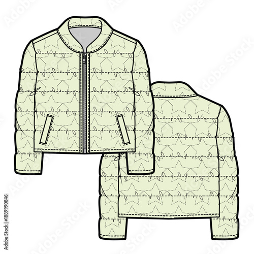 Boys puffer jacket technical flat sketch vector mockup illustration.