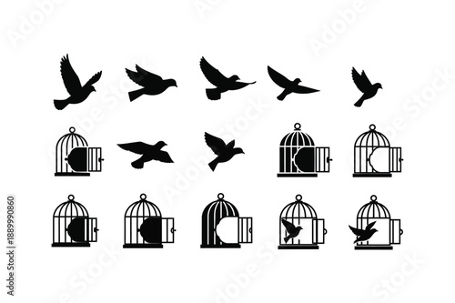 Silhouette of birds and birdcages in various flying and resting positions
