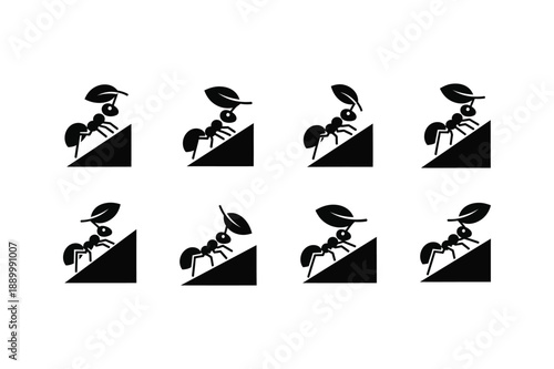 Silhouette of ants climbing a diagonal black and white triangle
