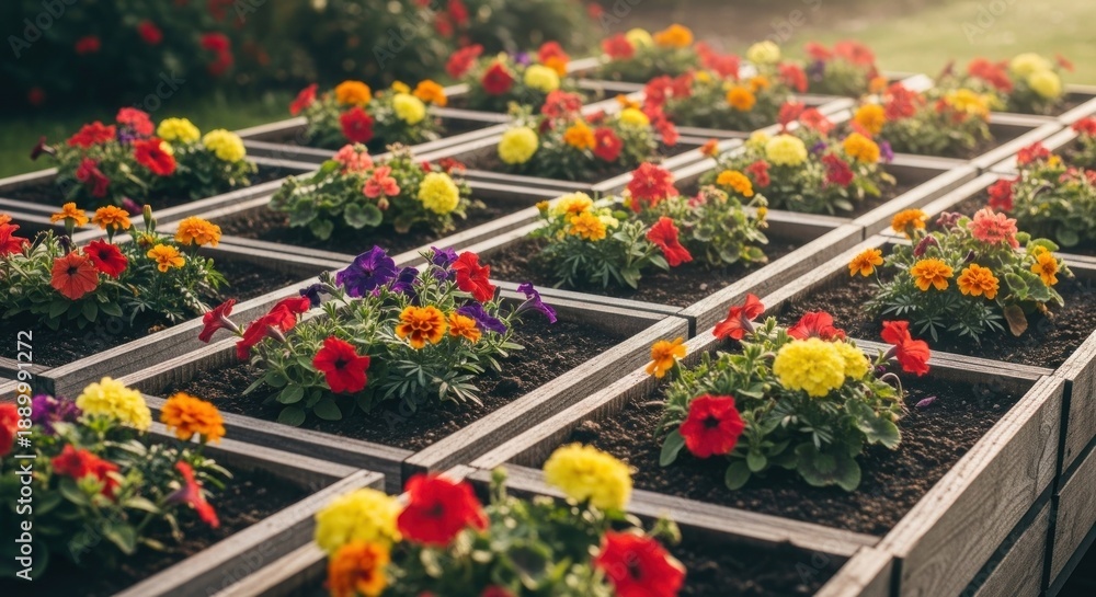 Naklejka premium Flowerbed grid with various colored blooms under soft light