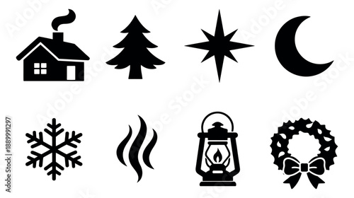 Simple silhouette icons set featuring winter and christmas elements for holiday design