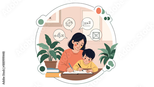 Caring mother helping her young son with math homework at a desk in a comfortable home environment with plants.