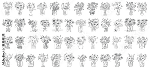 Doodle Style Mason Jar Flowers for Coloring Book and Branding