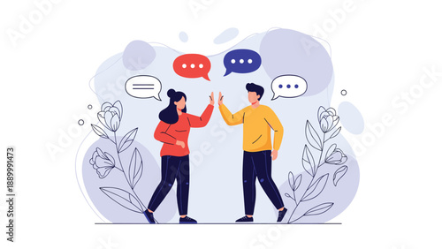 Man and woman giving each other a high five in a floral setting with speech bubbles for celebration or success.
