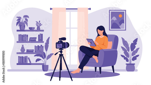 Content creator sits in a comfortable armchair while recording a video blog with a professional camera on a tripod in a cozy room.