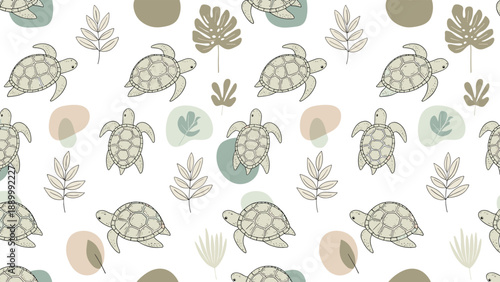 Peaceful seamless pattern shows green sea turtles swimming among soft colored shapes and various tropical leaves on a clean white background.