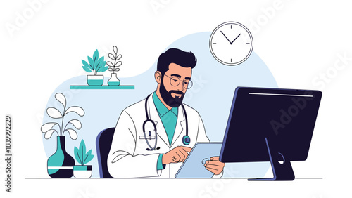 Professional doctor wearing a white coat and stethoscope works at his desk using a tablet and computer in a modern medical office setting.