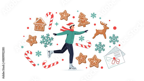 Happy man in a Santa hat enjoys ice skating while surrounded by festive Christmas elements like gingerbread cookies and candy canes.
