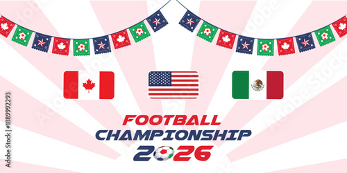 2026 Football " Soccer" World cup with Football Pattern and Co-Host Flags of USA "America", Canada, and Mexico - Vector Illustration. banners with red green blue shapes for world cup 2026 background