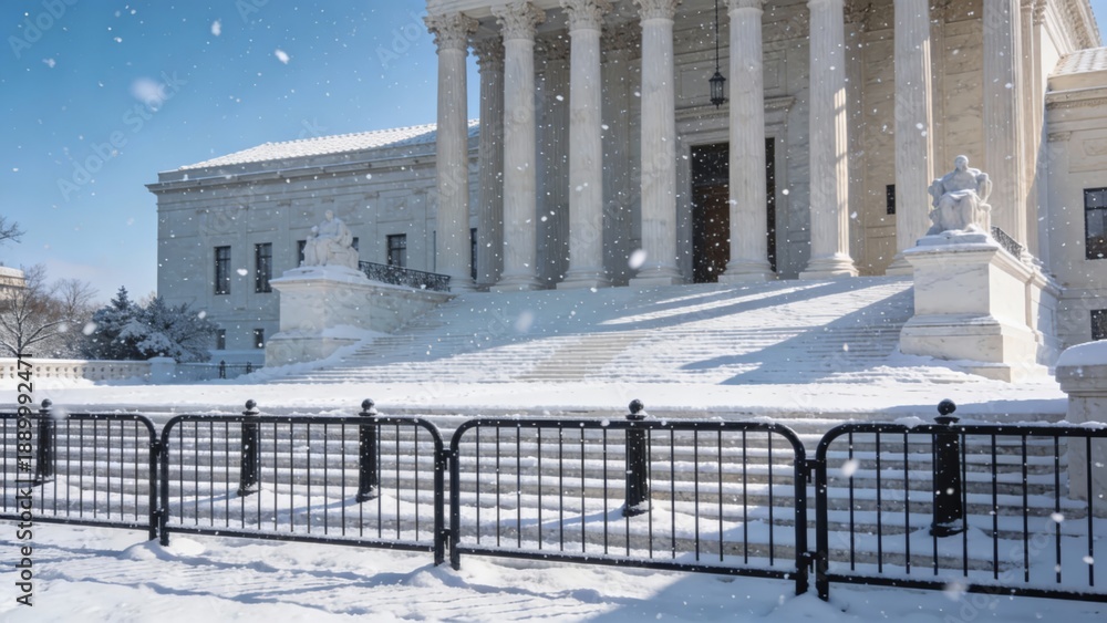 Naklejka premium Silent Winter Scene Of City Hall, Frosty Courtyard Situated Behind Barriers In Winter, Serene Winter Landscape With Snowcovered Ground And Fortified Public Building Background