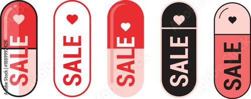 Capsule Pill Shaped Sale Icons with Hearts for Valentine's Day