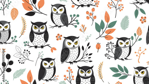 Nature inspired pattern displays various wise owls perched on branches among a mix of green and orange autumn leaves on a white background.