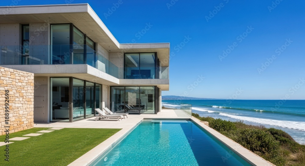 Fototapeta premium Modern seaside home with pool overlooks ocean, blue sky above