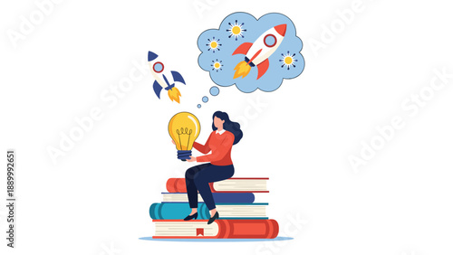 Inspired woman sits on a stack of books holding a large glowing light bulb while imagining a rocket ship launching into space.