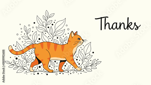 Orange tabby cat walking through artistic leaves illustration on a beige background with the word thanks in script.