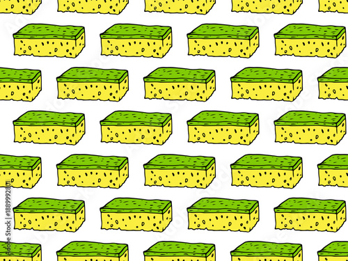 kitchen sponges Seamless pattern with abrasive scourers. Hand drawn doodle background. For cleaning or household themes, wrapping paper, or kitchen textile prints.