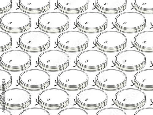 robot vacuum cleaners Seamless pattern. A hand drawn doodle background for smart home, modern cleaning, or automation concepts. Ideal for technology themes, wrapping paper, or textiles.