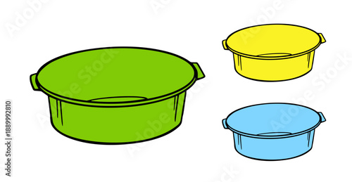 colorful plastic basins set, tubs in green, yellow, and blue. Versatile containers for household chores. Hand drawn cartoon doodle illustration, isolated on a white background.