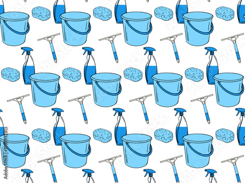 Seamless pattern of window washing supplies. squeegee, spray, bucket, and sponge. A colorful, hand drawn doodle background. Ideal for cleaning themes, fabric prints, or wrapping paper.
