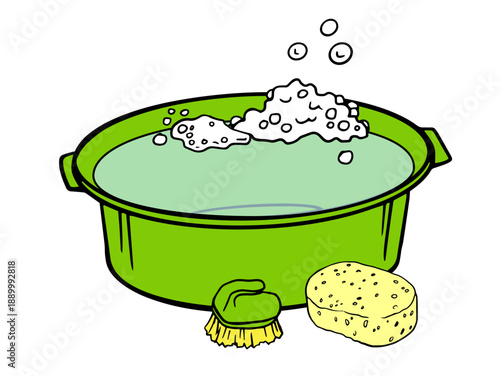 basin or washbowl of soapy water with suds, a scrub brush, and sponge. Hand drawn cartoon doodle illustration. Use for cleaning, washing, laundry, hygiene concepts.
