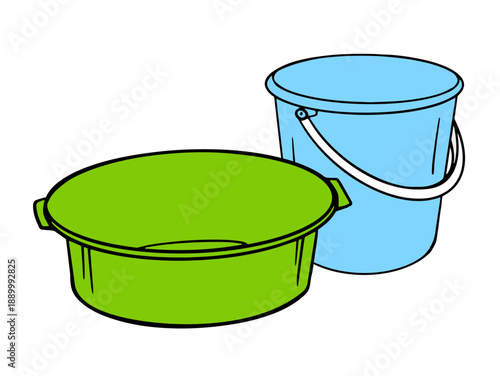 set of plastic containers for cleaning: a green basin, washbowl, and blue bucket, pail with a handle. Colorful cartoon doodle illustration. For housework, laundry, gardening