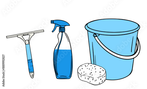 window washing tools set. squeegee, spray cleaner, bucket, and sponge. Hand drawn cartoon doodle illustration. For cleaning services, housekeeping, car wash concepts.