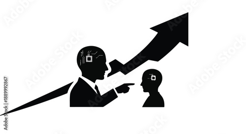 Businessman pointing upwards with colleague in silhouette