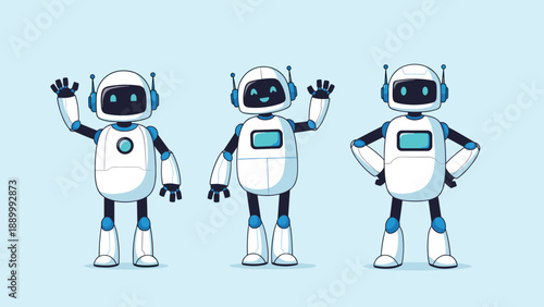 Three friendly white and blue robots in different poses waving and standing together against a soft blue background in a flat style.
