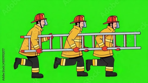 A fire brigade runs to a fire with a fire escape. Animation. Green screen, cartoon, video footage, mockup, looped video, chroma key.