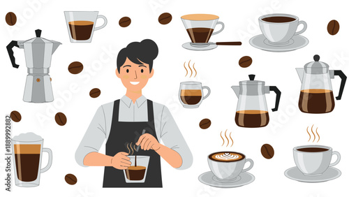 Smiling male barista in an apron surrounded by different types of coffee drinks beans and brewing equipment on a white background.