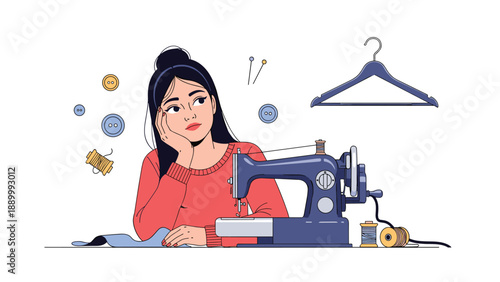 Young woman sitting at a modern sewing machine thinking and planning her next creative fashion design project with sewing tools.