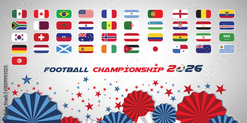 2026 Football " Soccer" World cup with Flags of the participating national teams, Co-Host Flags of USA "America", Canada, and Mexico. banners with red green blue shapes for world cup 2026 background