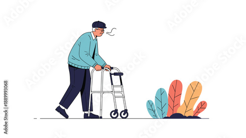 Senior man using a walking frame or walker to move safely outdoors past colorful plants in a bright minimal illustration style.
