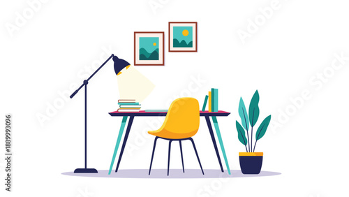 Modern office or study workspace setup with a blue desk a yellow chair books a floor lamp and a large plant against a white wall.