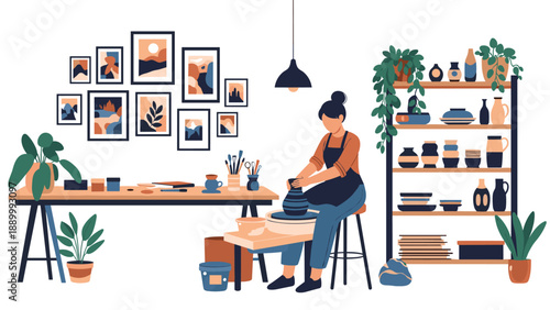 Woman artist working in a pottery studio molding clay on a wheel surrounded by shelves of ceramics and lush green plants.