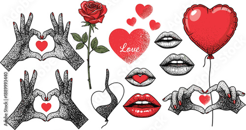 Assortment of red and black love themed illustrations with hands hearts lips and a rose vector illustration