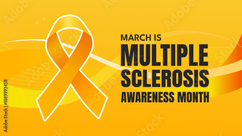 Multiple sclerosis awareness month banner with orange ribbon on yellow background, vector illustration