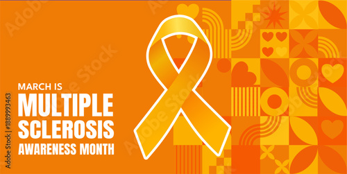 Multiple Sclerosis Awareness Month banner with orange ribbon and geometric mosaic, vector