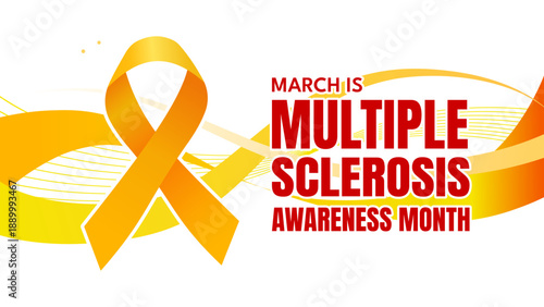 March is Multiple Sclerosis Awareness Month banner with orange ribbon and wavy background, vector illustration
