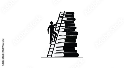 Man climbing ladder to reach stacked books