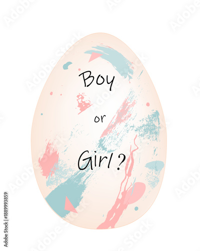 Easter egg decorated with blue and pink spots and strokes and Boy or Girl text. Baby gender reveal party design element. Vector icon isolated illustration.