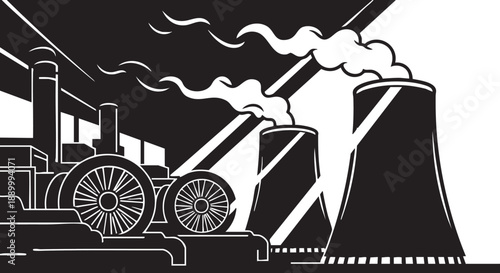 Vintage Train Emitting Smoke Near Industrial Cooling Tower at Power Plant