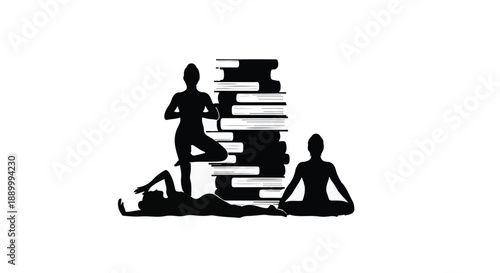 Silhouette of people exercising and meditating with books