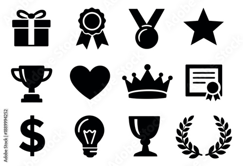 Flat achievement and success icon set featuring awards, recognition, and useful concepts for business and celebration