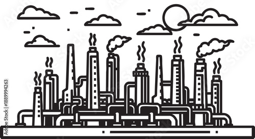 Industrial complex with smokestacks and pipes emitting smoke, viewed from a distance, against a cloudy sky